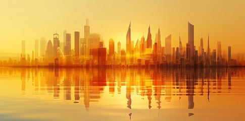 Fototapeta premium 3d render of modern city skyline, golden gradient background, orange and brown color palette, vector illustration, simple shapes, flat design, no shadows, low detail, no reflections, high resolution, 