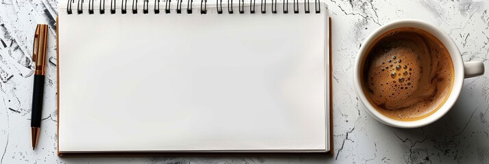 Simple office space featuring blank notepad, pen, and coffee cup