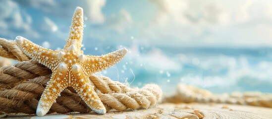 A beach themed setting for summer vacation featuring a starfish and a nautical rope against a background with copy space image