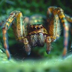 Fototapeta premium Close-up of a Spider's Fangs- Zoom in on the fangs of a spider as it waits in its web