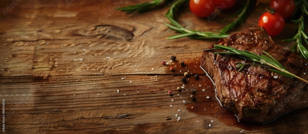 Poster A succulent beef steak served on a wooden table with copy space image