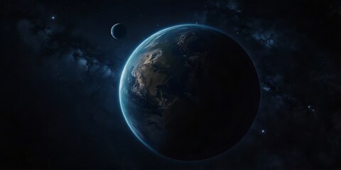 Obraz premium Dark abstract background illustration of endless space with a planet in middle of nowhere, endless darkness of infinite space, astronomical illustration designed with AI