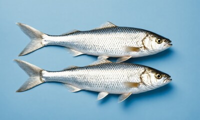 Obraz premium Two silver fish lie parallel on a blue background