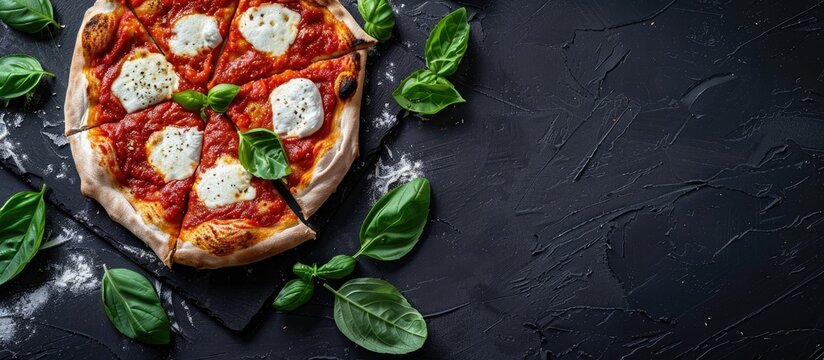 New York style margarita pizza pie thin crispy crust with garlic infused marinara sauce buffalo mozzarella and fresh basil leaves on a copy space image