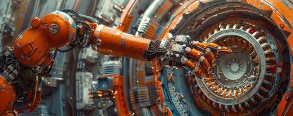 A robot arm assembling a complex piece of machinery, its movements precise and efficient.