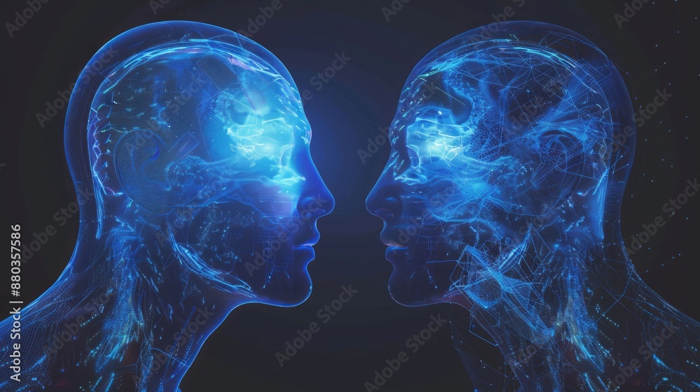 Poster artificial intelligence concept: neural network connection between two heads