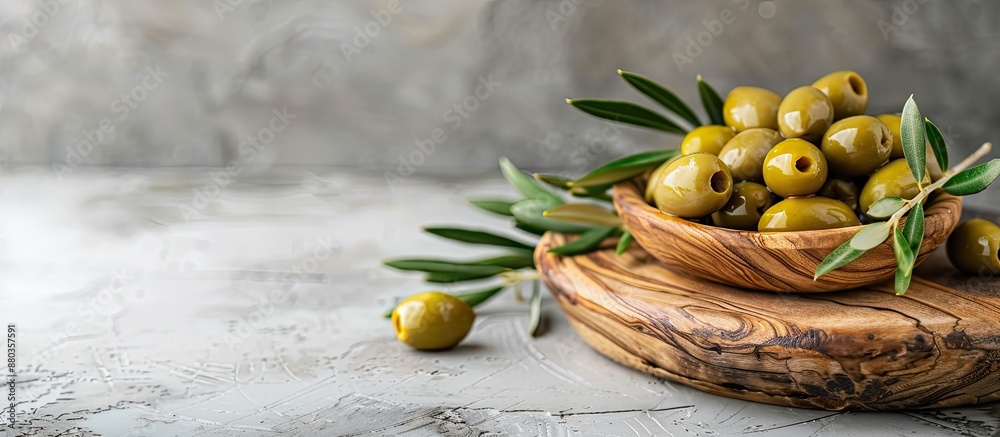 Canvas Prints Light background showcasing a tempting arrangement of fresh green olives on a wooden board creating a delightful copy space image