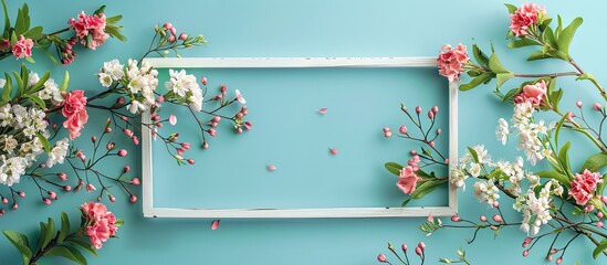 Spring themed copy space image with a white wooden frame adorned with fresh flowers against a turquoise blue backdrop