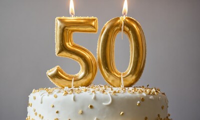 Golden candles shaped as 50 on a white cake with golden sprinkles
