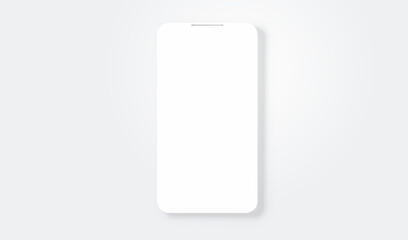 White screen of phone mockup front view. Mobile phone isolated with blank screen for display your ux design, site, presentation. Elegant white tone vector smartphone laying on desk with shadow.