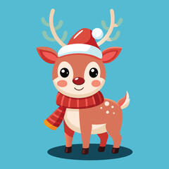 Happy New Year Merry Christmas Cute Animal Cartoon Reindeer with Santa Hat and Scarf for Kids