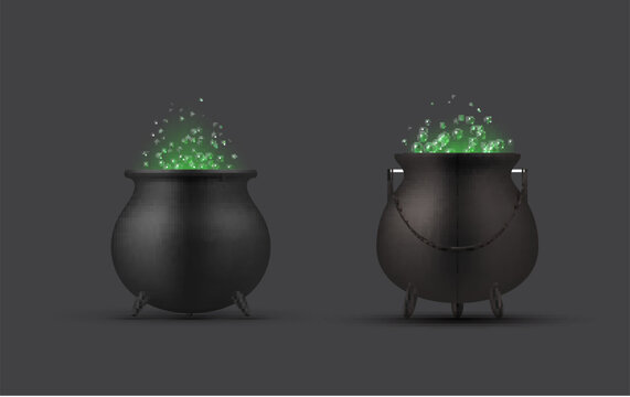 Bubbling witch cauldron with Halloween green boiling poison set realistic vector illustration