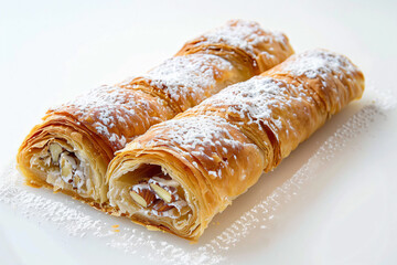 two croissants on a plate with powdered sugar