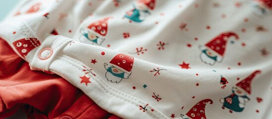 Detailed close up image of a white baby bodysuit with red pants and gnome prints set against a colored backdrop with room for additional content or text within the picture