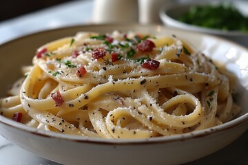 A serving of fresh pasta with a rich and creamy carbonara sauce, topped with crispy pancetta and a sprinkle of Parmesan cheese.