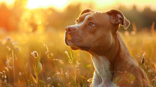 Pitbull in meadows watching at sunset with blurred background