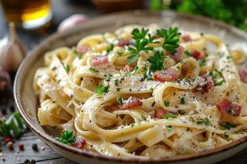 A serving of fresh pasta with a rich and creamy carbonara sauce, topped with crispy pancetta and a sprinkle of Parmesan cheese.