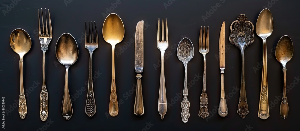 Wall mural Assortment of gold and silver cutlery items like tablespoons dinner forks teaspoons and dessert forks elegantly arranged on a black background with copy space image