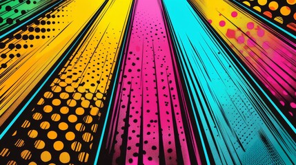 A playful and energetic comic stripinspired design with multiple colorful panels Each panel has a different pattern