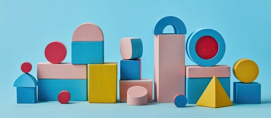 Assorted building blocks featuring shapes like circles dots and crosses set against a plain background ideal for a copy space image