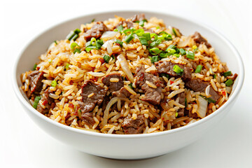 a bowl of rice with meat and vegetables