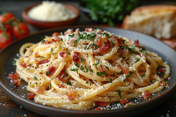 Fototapeta premium A serving of fresh pasta with a rich and creamy carbonara sauce, topped with crispy pancetta and a sprinkle of Parmesan cheese.