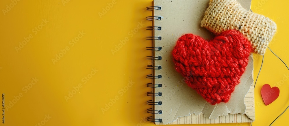 Wall mural red heart shaped woolen toy and torn notebook sheet on yellow paper with a copy space image
