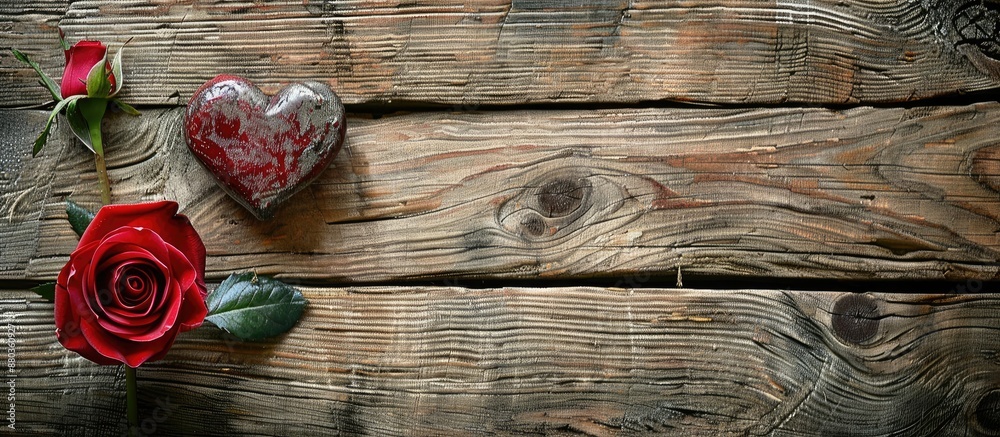 Wall mural a red rose and heart on a wooden backdrop create a romantic scene with copy space image available
