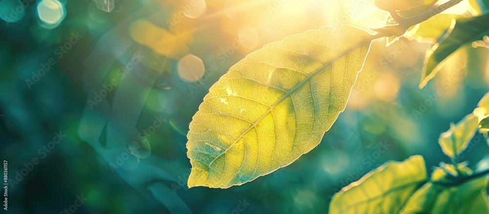 Wall mural vintage filter applied to a close up nature view of a sunlit green leaf ideal as a background image 