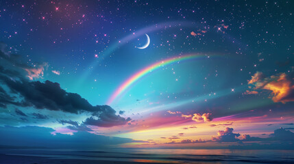 The sky was adorned with a vibrant rainbow, twinkling stars, and a radiant moon.