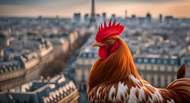 Rooster with Paris in the background. France symbol.