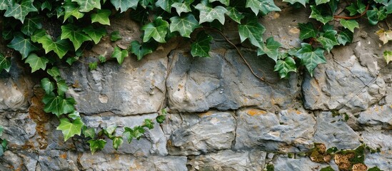 Ivy leaves gracefully cascading over a weathered ancient stone wall in a copy space image