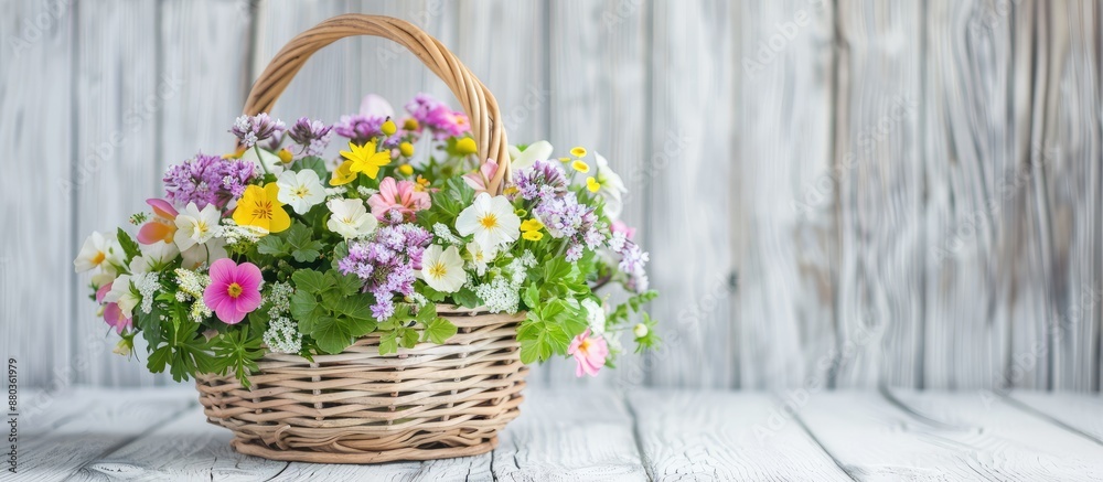 Canvas Prints Basket with spring flowers on white wooden backdrop with copy space image