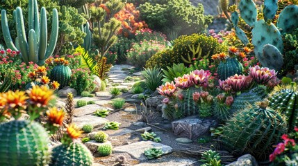 A vibrant garden with a variety of flowering cacti and succulents, a rustic stone path winding through the plants.