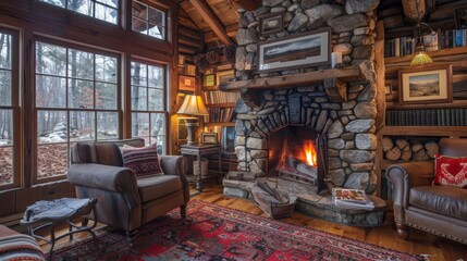 Mountain cabin trip with a crackling fireplace, Warmth, Rustic comfort