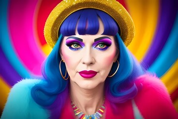 an image of a Colourful, 1970s closeup of a beautiful disco woman, 1970s fashion, retro, vintage, rainbow colors, stylish, retro hairstyle,  Beauty, Glamour, Funky, Sequins,