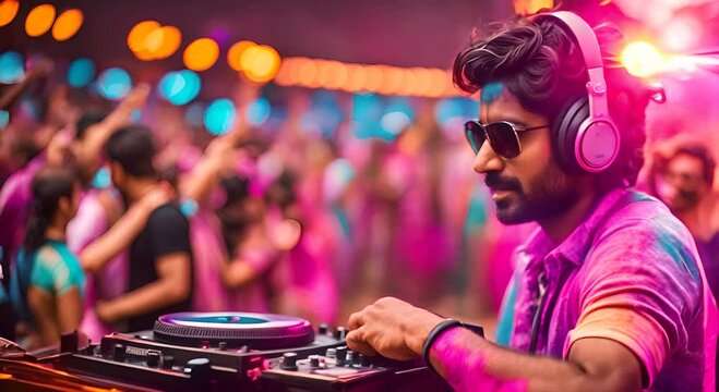 DJ playing music at a holi party. Holi festival.