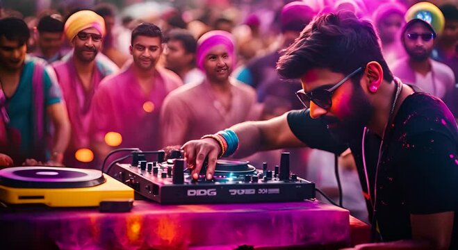 DJ playing music at a holi party. Holi festival.