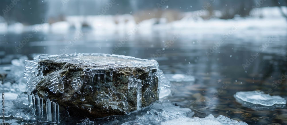 Wall mural close up of a rock with frozen ice plaques in a winter lake setting with copy space image