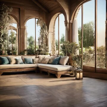 The villa has wooden textured floors, the room is integrated with the garden, beautiful flowers, the seating area is quite spacious and comfortable, plus lighting, coffee table and carpet on the floor
