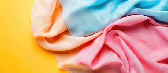 Top view of cotton fabric on a colorful background with copy space image