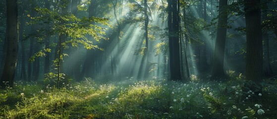 Obraz premium Sunlight streams through the trees in a misty forest, illuminating the lush greenery and creating a magical atmosphere.