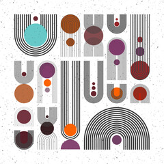 Mid century arch, circle elements, modern geometric shapes with grunge texture. Contemporary design, minimalist art. Trendy design elements for wall decor, posters, books, covers. Vector illustration