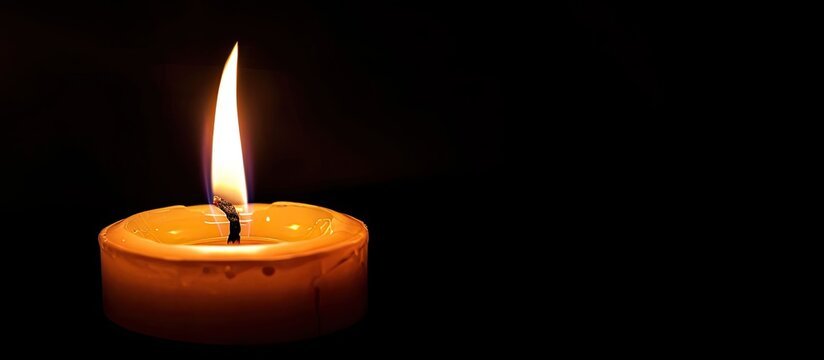 A close up photo at night of a single candle s flame on a dark background providing ample copy space in the image