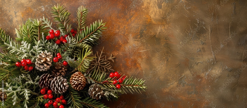 Poster A lovely holiday themed arrangement with a Christmas card against a rustic brown backdrop featuring ample copy space image