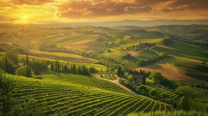 Serene winding road through Tuscany, rolling hills dotted with vineyards and cypress trees, warm golden hues of a sunset, picturesque farmhouses
