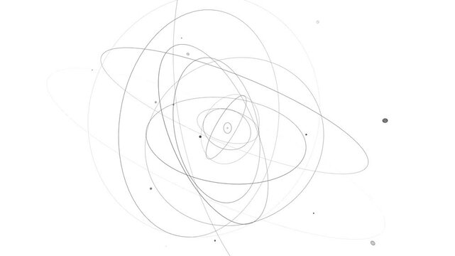 Multiple ellipses representing the paths of electrons around a central nucleus. Black thin lines form intricate patterns, showcasing a stylized representation of atomic structure. Seamless loop