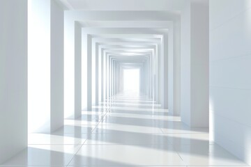 Obraz premium Bright white abstract hallway with glowing end. Minimalist architecture design. Concept of future, hope, opportunity, and possibility.