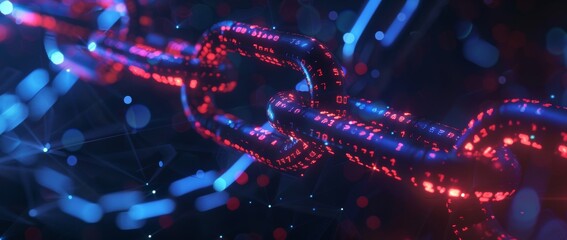 The digital blockchain is represented by binary code illuminated by a cascade of neon lights. Linked to a chain link that symbolizes security and connectivity in the digital environment of the future.
