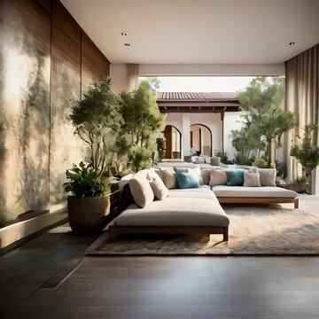 villa with wooden textured floors, space integrated with the garden, beautiful flowers, quite large seating area, plus lighting, coffee table and carpet on the floor.